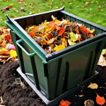 **

A well-maintained compost bin in a sunny Swedish garden, overflowing with colorful autumn leaves. Some partially decomposed material can be seen, rich dark soil visible underneath. Gardening gloves resting beside it.

**