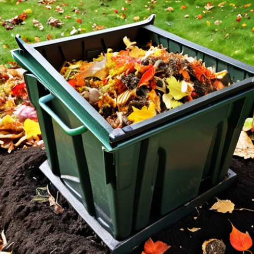 **

A well-maintained compost bin in a sunny Swedish garden, overflowing with colorful autumn leaves. Some partially decomposed material can be seen, rich dark soil visible underneath. Gardening gloves resting beside it.

**