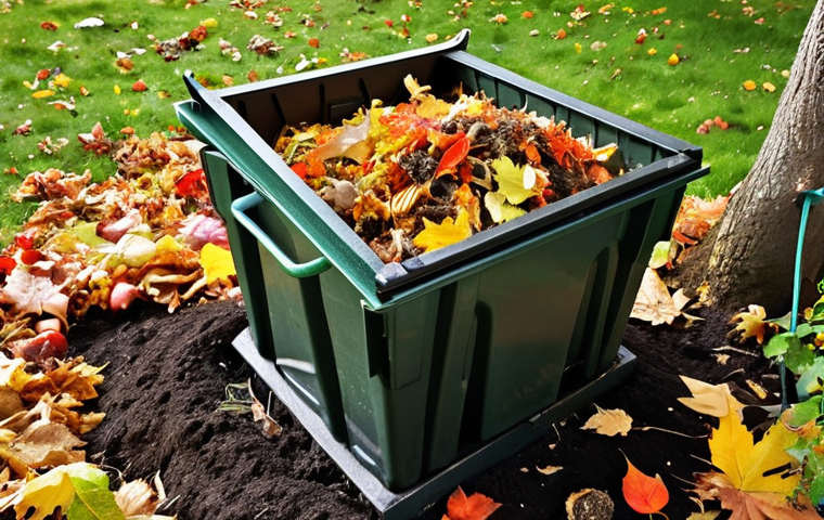 **
A well-maintained compost bin in a sunny Swedish garden, overflowing with colorful autumn leaves. Some partially decomposed material can be seen, rich dark soil visible underneath. Gardening gloves resting beside it.
**