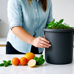 Modern Urban Composting**
    A person in modest, clean everyday clothing is gently placing fruit and vegetable scraps into a sleek, modern Bokashi composting bin on a pristine kitchen countertop. The kitchen is brightly lit, contemporary, and organized, with a thriving small potted herb plant (such as basil) prominently displayed nearby. The person exhibits a calm, satisfied expression, highlighting the ease and cleanliness of sustainable urban living. The scene emphasizes a practical and eco-conscious lifestyle. safe for work, appropriate content, fully clothed, professional, perfect anatomy, correct proportions, natural pose, well-formed hands, proper finger count, professional photography, high quality.

2.  **Prompt for