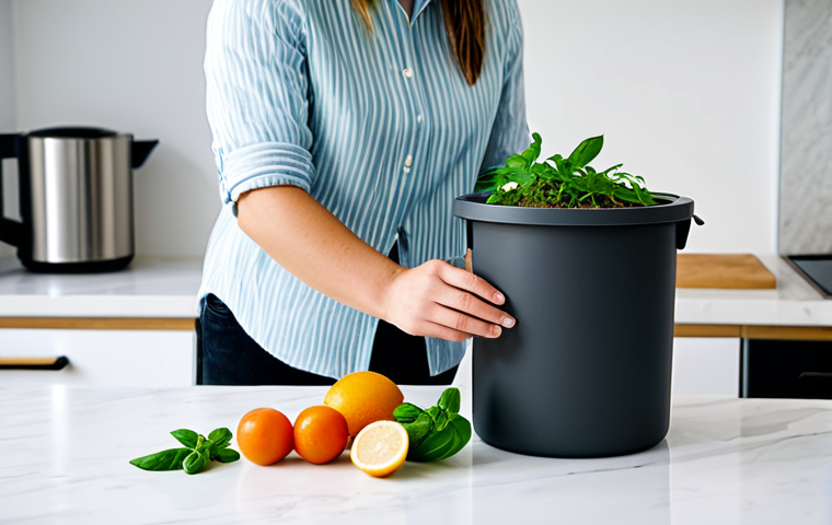 Modern Urban Composting**
    A person in modest, clean everyday clothing is gently placing fruit and vegetable scraps into a sleek, modern Bokashi composting bin on a pristine kitchen countertop. The kitchen is brightly lit, contemporary, and organized, with a thriving small potted herb plant (such as basil) prominently displayed nearby. The person exhibits a calm, satisfied expression, highlighting the ease and cleanliness of sustainable urban living. The scene emphasizes a practical and eco-conscious lifestyle. safe for work, appropriate content, fully clothed, professional, perfect anatomy, correct proportions, natural pose, well-formed hands, proper finger count, professional photography, high quality.

2.  **Prompt for